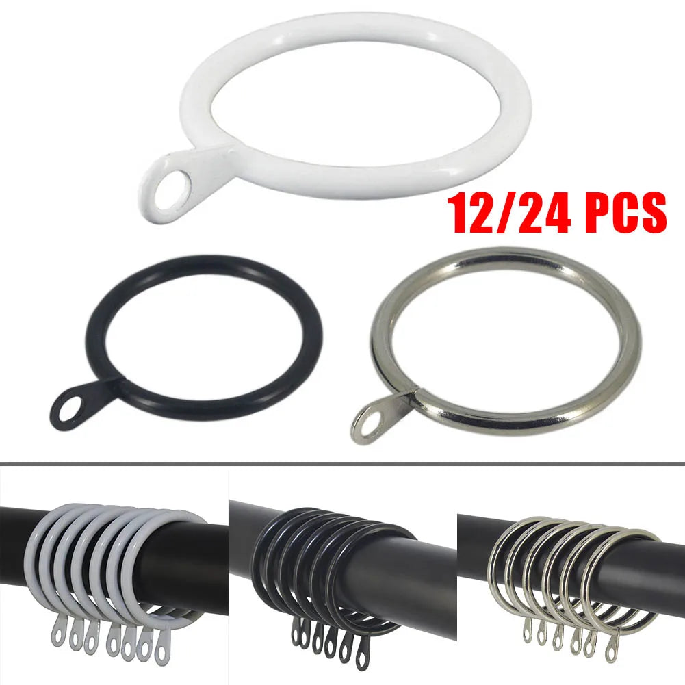 24/12 Pcs Curtain Rings Metal Iron Hanging Hook For Curtains Rods Pole Voile Heavy Duty 25 TO 37 Mm Curtain Black /Silver /White